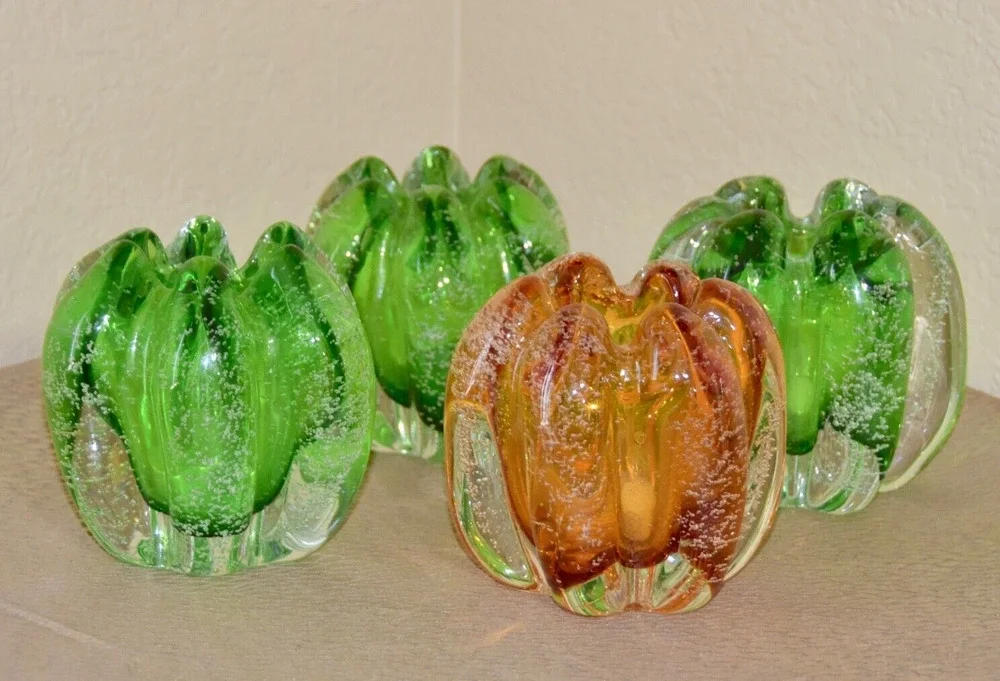 Tozai Hand Blown Murano Bubbles Green Glass Orb Vases - Set of 4